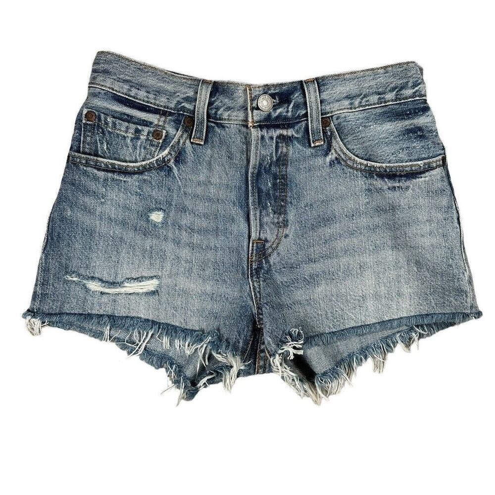 Levi's Premium 501 Jean Shorts 26 High Rise Button Fly Medium Wash Raw Hem